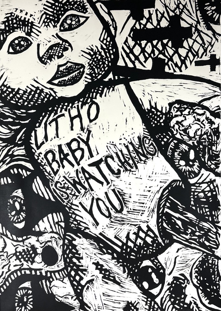 Black and white relief print by Rebecca Stephen
