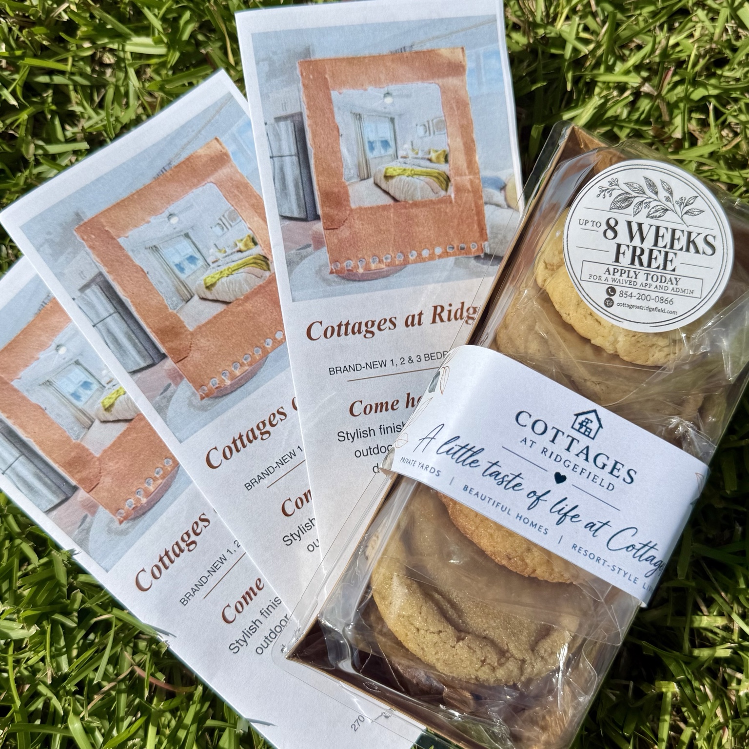 Finished Cottages at Ridgefield cookie boxes with Rebecca's printed wraps, promotional stickers, and leasing flyers