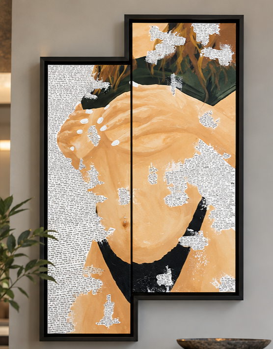 Rebecca Stephen's favorite mixed-media painting displayed in two offset black frames