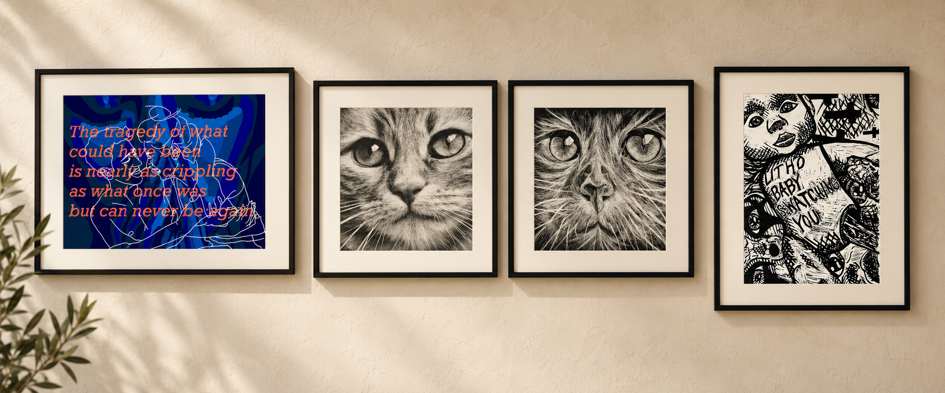 A contemporary gallery wall displaying Rebecca Stephen's conceptual artwork, cat diptych, and black-and-white relief print in four black museum frames